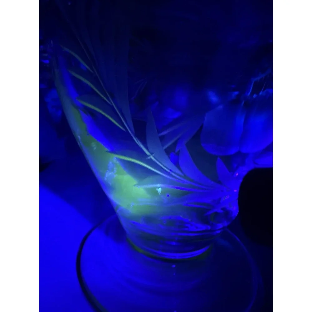Vintage Bohemian Czech Hand Blown Etched Crystal Vase Urn 4 Handles 6.5